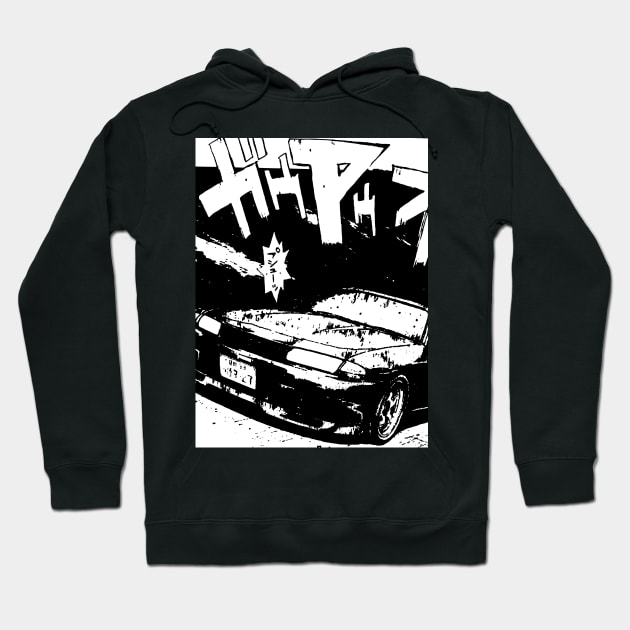 JDM Japanese Drift Racer Drifting Nissan Car Anime Manga Eurobeat Intensifies Aesthetic Hoodie by Neon Bang Bang